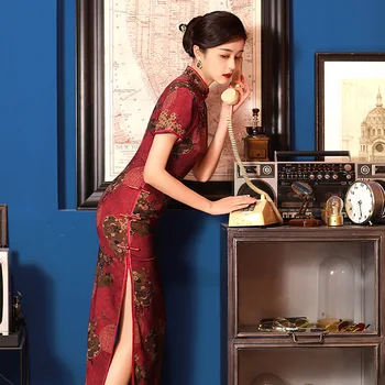 Yourqipao Vasaros Gėlių Raudona Cheongsam trumparankoviai Pasviręs Retro Mados Elegantiškas Qipao Kinų Stiliaus Vakaras Suknelė Moterims 3