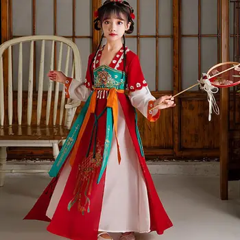 Raudona Mergina Hanfu ilgomis Rankovėmis Tango Kostiumas Tradicinę Kinų Senovės Kostiumas Pasakų 2023 Naujųjų Metų Hanfu Suknelė Vaikams 5