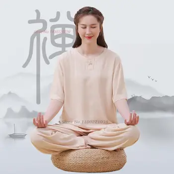 2023 moterų kinų dzeno meditacija, jogos drabužių derliaus hanfu medvilnės skalbiniai viršūnes+ziajać nustatyti chi kung fu vienodas budistų drabužiai 4