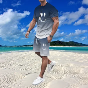 Vasarą Vyrams Kostiumu 2 Gabalas Rinkiniai Tracksuit vyriškų Drabužių, Negabaritinių Paplūdimio Stiliaus 3D Atspausdintas Besišypsantis Veidas t shirts Marškinėlius Šortai Kostiumas