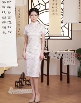 Pagerėjo Mandarinų Apykaklės Cheongsam Baltos Spalvos Gėlių Spausdinti Trumpas Rankovės Derliaus Moterų Elegantiškas Kinų Stiliaus Duobute Qipao 3