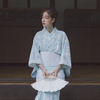 Japonija Stiliaus Tradicinių Kimono Balta Spalva Šviesiai Žalia Gėlių Spaudinių Klasikinis Yukata Vonia, Chalatas, Cosplay Dėvėti Fotografijos Suknelė 5