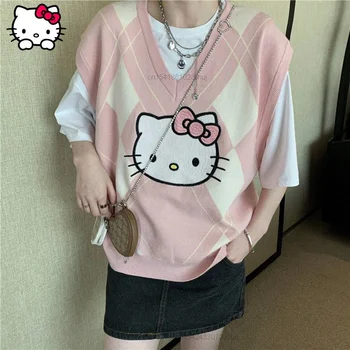 Sanrio Kawaii Kinnted Hello Kitty Kolegijos Stilius V-Kaklo Megztinis Liemenė Moterų Laisvas Megztinis JK Mergaitės Japonų Stiliaus Lolita Y2k Viršų 10