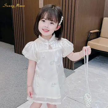 Mados baby girl Kinų stiliaus kūdikiams, vaikiška vasaros suknelė Siuvinėjimo Burbulas rankovės mergina dress prancūzijos derliaus cheongsam 1-10Y 2