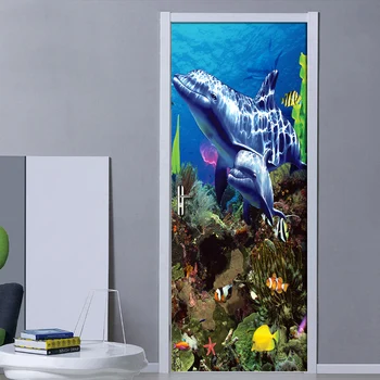 3D PVC, atsparus Vandeniui Sienų Tapyba Kambarį Miegamojo Durų Lipdukas, Decal Namų Puošybai po vandeniu Ryklys Koralų Sienų Tapetai 9