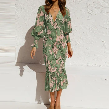 Nauja Vasaros Moterų Suknelė 2023 Žibintų Rankovėmis V-kaklo Spausdinti Trimitas Moterų Suknelė Elegantiška Vintage Ilgai Oficialią Suknelės Moterims