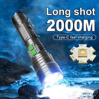 Itin Ilgai Paskambino 2000M Galingas Žibintuvėlis USB Įkrovimo Galia Lazeriu LED Žibintuvėlis Zoomable Taktinis Žibintų Vandeniui Lempas 12