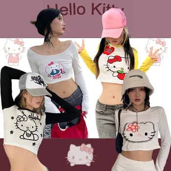 Sanrio Kawaii Hello Kitty marškinėliai Pikantiškas Merginos Mielas Animacinių filmų Spausdinti ilgomis Rankovėmis Seksualus Slim Fit Trumpą T-shirt, Derliaus Apačioje Marškinėliai 13