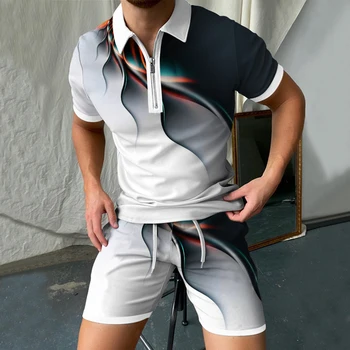2022 vyriški Naujų Rinkinių 3D spalvų žaibo Spausdinimo Vasaros Trumpas Rankovėmis Polo marškinėliai, Šortai Kostiumas Mados užtrauktukas Polo marškinėliai Dviejų dalių 7