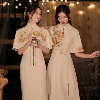 Kinijos Stilių Moterų Mandarinų Apykaklės Qipao Elegantiškas-line Satino Gėlių Cheongsam Oficialų Šalis Suknelė Plonas Ilgas, Vestidos De Festa 7