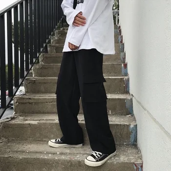 HOUZHOU Harajuku Juoda Moterų Krovinių Kelnės Kišenės Hipių Streetwear Juoda Plati Koja Kelnės moterims Negabaritinių Emo 2021 16