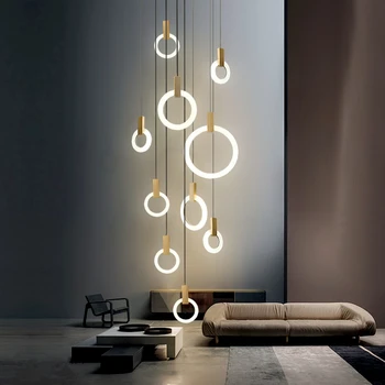 Šiuolaikinės medienos pakabukas šviesos diodų (LED) grupių pakabukas šviesos kambarį apvalus pakabukas šviesos deco namų interjero laiptai ilgai kabo