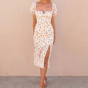 Retro Mados Aikštė Kaklo Sluoksniuotos Rankovėmis Gėlių Slim Ritininės Suknelė Moterims Vasaros Aukšta Juosmens Linija Sijonas Vestidos Elegantes Para Mujer 15