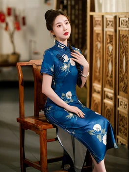 Yourqipao Vasaros Ilgas Plonas Šilko Mėlyna Cheongsam Podiumo Pokylių Elegantiškas Qipao Tradicinę Kinų Stiliaus Vakaras Suknelė Moterims 6