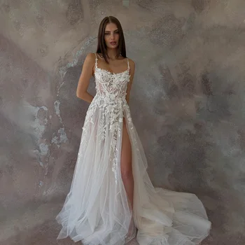 Elegantiškas Spagečiai Dirželiai Nėrinių Aplikacijos Brangioji Linijos, Vestuvių Suknelės Pusėje Ritininės Užsakymą 2023 Jojo De Morrie