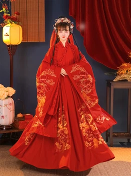 Kinų Tradicinė Vestuvių Suknelė Moterims Derliaus Nuotaka Jaunikis Raudona Didelis Rankovėmis Marškinėliai Originalus Kostiumas Pasakų Suknelė 5