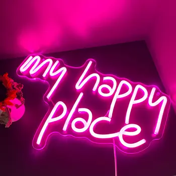 Rožinė Mano Laimingas Vieta Neoninis Ženklas LED Šviesos iki Mano Laimingas Vieta Ženklas, Sienų Dekoras Neoninės Šviesos, Neoninės Raidės Kambarys Estetinės Priedų 8