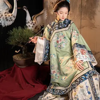 5 Spalvų Šviesą Sunkiosios Pramonės Antikvariniai Drabužiai Moterims Qing Dinastijos Gėlių Spausdinti Prarasti Ilgomis Rankovėmis Cheongsam Suknelė Qipao Cospaly 9