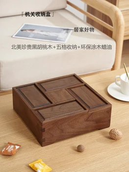 Juoda riešutmedžio medžio masyvo vaisių langelyje naujas Kinijos mediniai compartmented kavos lentelė namų ūkio kambarį saugojimo dėžutė 4