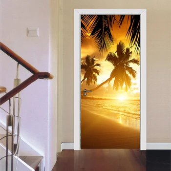 Palmių Sunrise Beach Kraštovaizdžio 3D PVC, atsparus Vandeniui Durų Lipdukas Namų Dekoro Kambarį Miegamojo Sienos Plakatas Popieriaus, lipnios