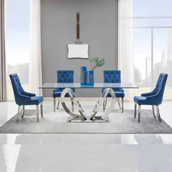 Valgomasis stalas ir 6 kėdės nustatyti baldai nerūdijančio plieno dizaino grūdinto stiklo pietų stalo 8