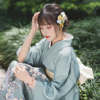 Moteriški Kimono Japonijos Tradicinių Graži Mėlyna Spalva Krano Spaudinių Klasikinis Yukata Fotografijos Suknelė Cosplay Kostiumas 7