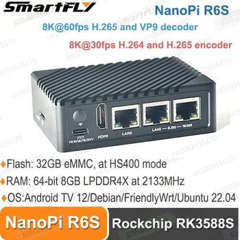 Smartfly NanoPi R6S 8GB RAM, 32GB emmsp Rockchip RK3588S A76 A55 Dual 2.5 G Ethernet Paramos kaip hdmi2.0 Linux/Openwrt/Debian/Ubuntu 8