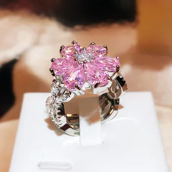 Kilnus Subtilus 925 Sterling Silver Bling Rožinė Kubinis Cirkonis Elegantiškas Gėlių Vestuvinį Žiedą, Moterims Žavesio Amžinybės Žiedas Fine Jewelry 23