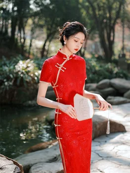 2022 m. Vasarą Naujų Kompozicinių Nėrinių Raudona Cheongsam Suknelė Nuotaka Taurę Drabužių Kinijos liaudies Respublika, Stilius Geresnis Cheongsam Qipao Šiuolaikinės 9