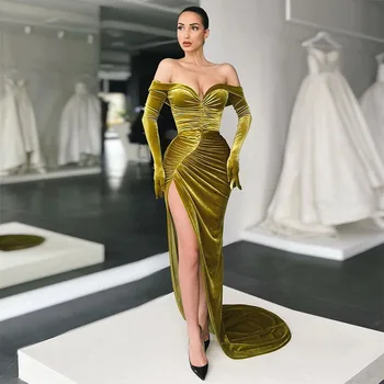Sevintage Šiuolaikinės Aksomo Undinė Vakaro Suknelės Aukšto Pusėje Ritininės nuo Peties Klostyti Ruched Dubajaus Moterų Oficialų Prom Dress