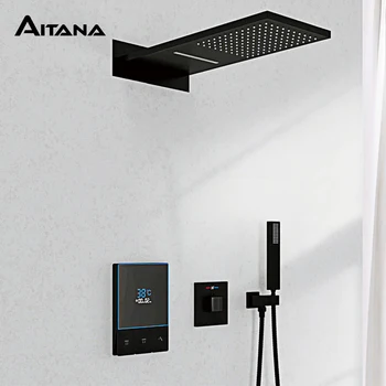Prabangus juodas žalvario dušo sistema su skaitmeniniu ekranu dizaino Sienos montuojamas dvigubas valdymas šalto ir karšto 3 funkcijų dušo Bakstelėkite