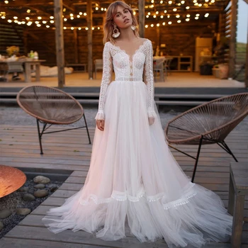 Boho-Line Vestuvių Suknelės 2021 O-Kaklo, Ilgomis Rankovėmis, Vestuvinės Suknelės Derliaus Grindų Ilgio Chalatas De Mariee Atgal Iliuzija Užsakymą 13