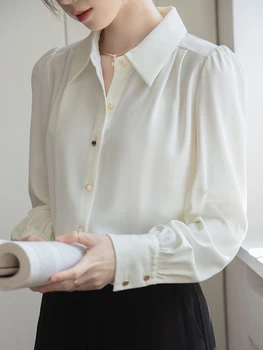 QOERLIN Baltos spalvos Marškinėliai ilgomis Rankovėmis Viršūnes Satino Office Elegantiškas Ponios darbo drabužiai 2023 Naujas Mados Mygtuką Iki Moteriška Mėlynos spalvos Marškiniai: S-XL 3
