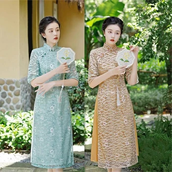 Šiuolaikinės 2023 M. Pavasarį Naujas Sudėtines Nėrinių Pagerėjo Ao Dai Cheongsam Suknelė Plonas Literatūros Retro Kinijos Qipao Suknelė Moterims 10