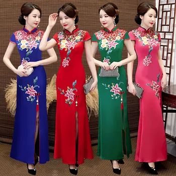 Naujas Kinų Stiliaus Siuvinėjimų Undinė Cheongsam Vestuvių Vakaro Šalis Suknelė Moterims Senovės Mandarinų Apykaklės Qipao Naujiena 10
