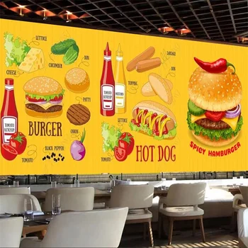 Rankomis dažyti Hamburger Hot Dog Gurmanų Užsakymą Freskos Greito Maisto Restoranas Pramonės Dekoro 3D Sienos Popieriaus, lipnios Tapetai 21
