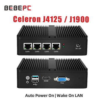 BEBEPC Mini PC Ventiliatoriaus Intel Celeron J1900 J4125 4LAN Gigabit Ethernet Mini Kompiuterį 