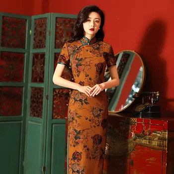 Yourqipao Hualuo Pagerėjo Cheongsam Elegantiškas Temperamentas Ilgai Podiumo Qipao Tradicinę Kinų Stiliaus Vakaras Suknelė Moterims 14