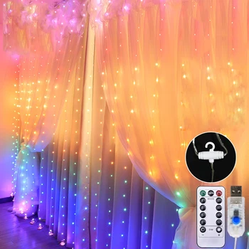 3M Vaivorykštė LED Girliandą Užuolaidų Žibintai Pasakų String Nuotolinio Valdymo pultas USB Kalėdų Lempos Atostogų Dekoracija Namuose Miegamojo Lango 10