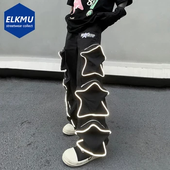 Šviesą Atspindinčios Star Kišenių Kelnės Mados Streetwear Tactical Kelnes Hip-Hop Harajuku Prarasti Krovinių Kelnės Baggy Kelnės Juoda Balta 15