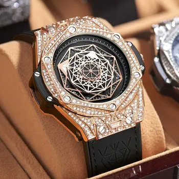 Top Prabangos Prekės ženklo Žiūrėti Vyrams Big Diamond Odos Analoginis mados aukso Laikrodžiai Kvarcinis Laikrodis Relogio Masculino