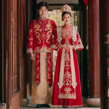 Spalvingas Aukso Raudona XiuHe Kostiumas Tradicinės Kinų Stiliaus Moterų Vestuvinė Suknelė Duobute Kalnų Krištolas Ilgomis Rankovėmis Komplektas Nuotaka 13