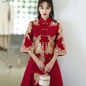 Aplikacijos Gėlių Mandarinų Apykaklės Cheongsam Elegantiškas Oficialų Šalis Suknelė-line Bordo Qipao Negabaritinių 6XL 7XL 8XL Chalatas De Soiree