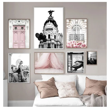 Dekoro Šiaurės Pink Gėlių Stilius Sienos Menas, Juoda Balta Plakatus ir nuotraukas Kambarį Šiuolaikinės Mados Mergina Nuotrauką Namų 10