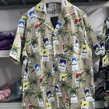 Rhude vyriški Marškiniai 1:1 Aukštos Kokybės Full Spausdinti Kokoso Medžio Moterų trumpomis Rankovėmis Marškiniai Negabaritinių Havajų Marškinėliai