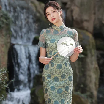 Derliaus Senoji Šanchajaus Gėlių Nėrinių Qipao Elegantiškas Moteris Cheongsam Mandarinų Apykaklės Šiuolaikinės Kinų Suknelė Vestidos 16