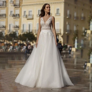 2021 Naujo Dizaino Boho Vestuvių Suknelės V Kaklo Aplikacijos Linijos, Chalatas De Mariée Atvira Nugara Paplūdimio Bohemijos Vestuvinės Suknelės 12