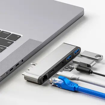 Dual USB C Hub Tipo c Docking Station USB 3.0 SD Skaitytuvas 3.5 mm AUX Port RJ45 Ethernet NAUJŲ 