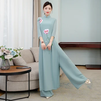 2022 šiuolaikinės cheongsam aodai vietnamas aodai nustatyti qipao ilgai rytų suknelė moterims, mandarinų apykaklės gėlių spausdinti šalis suknelė, viršus+kelnės