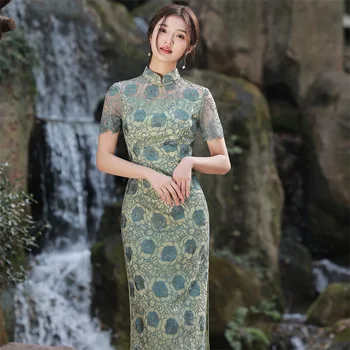 2023 Vasaros Gėlių Nėrinių Pagerėjo Cheongsam Elegantiškas Mados Mandarinų Apykaklės Šiuolaikinės Qipao Kinų Stiliaus Vakaras Suknelė Moterims 14